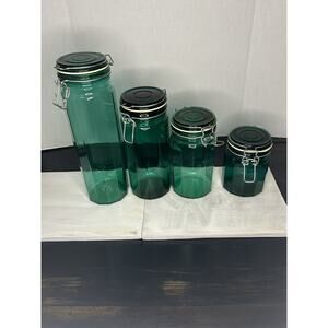 SET OF 4 VINTAGE EMERALD GREEN GLASS 12 PANEL CANISTERS JAR WIRE BAIL HINGED LID